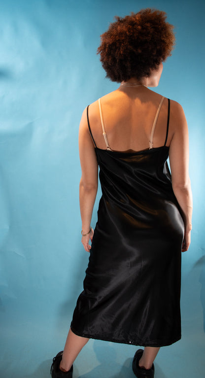 Vintage 1990s M/L Laura Ashley Satin Slip Dress in Black.