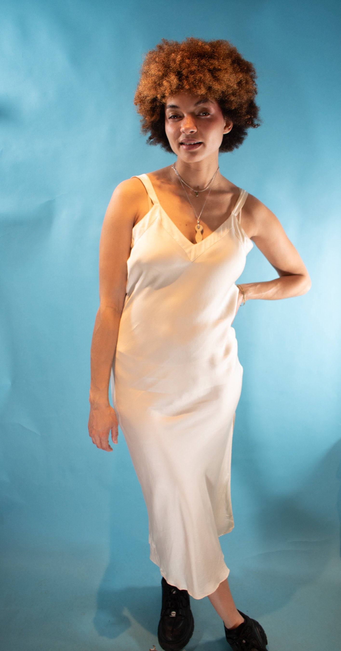Vintage 1990s M V Neck Backless Silk Slip Dress in Ivory.