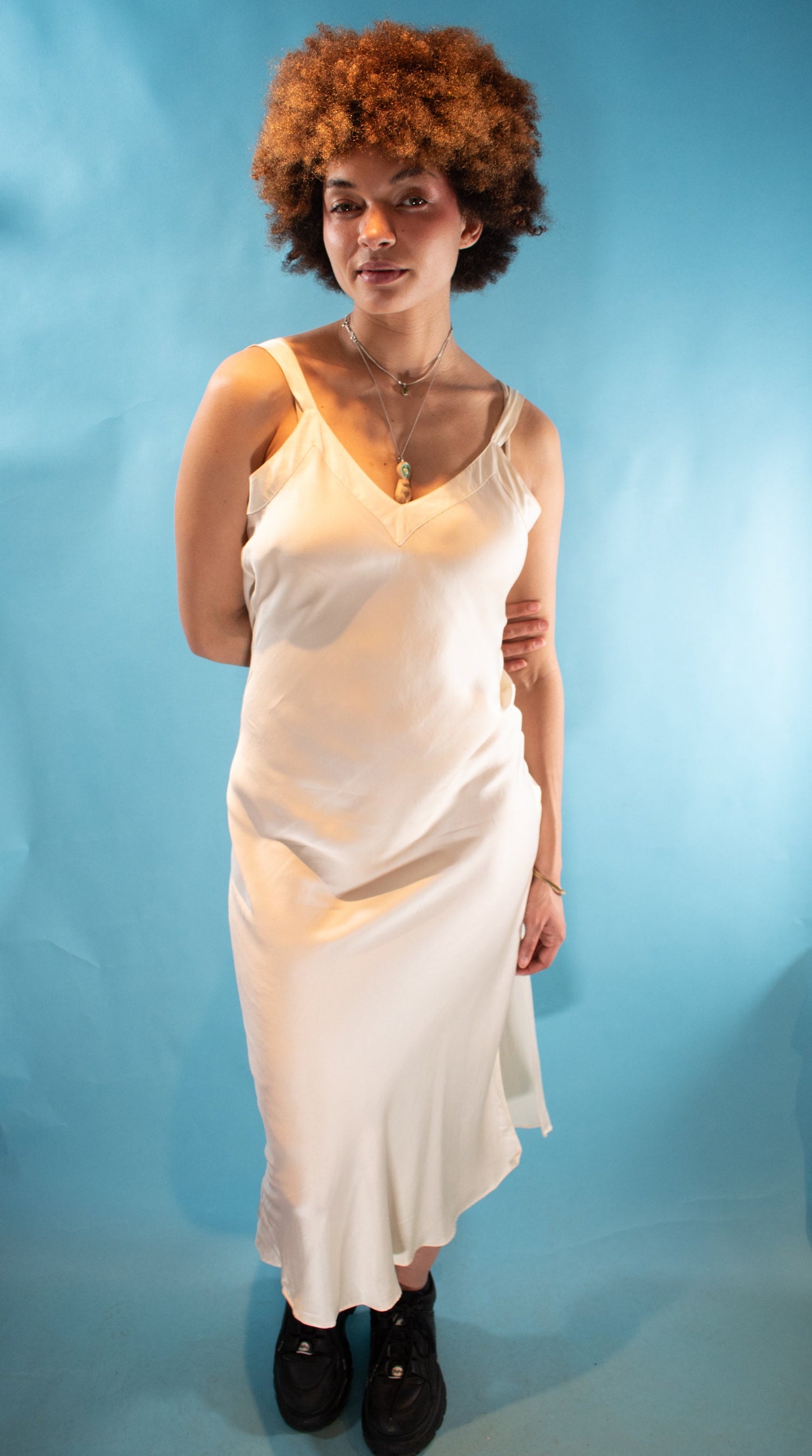 Vintage 1990s M V Neck Backless Silk Slip Dress in Ivory.