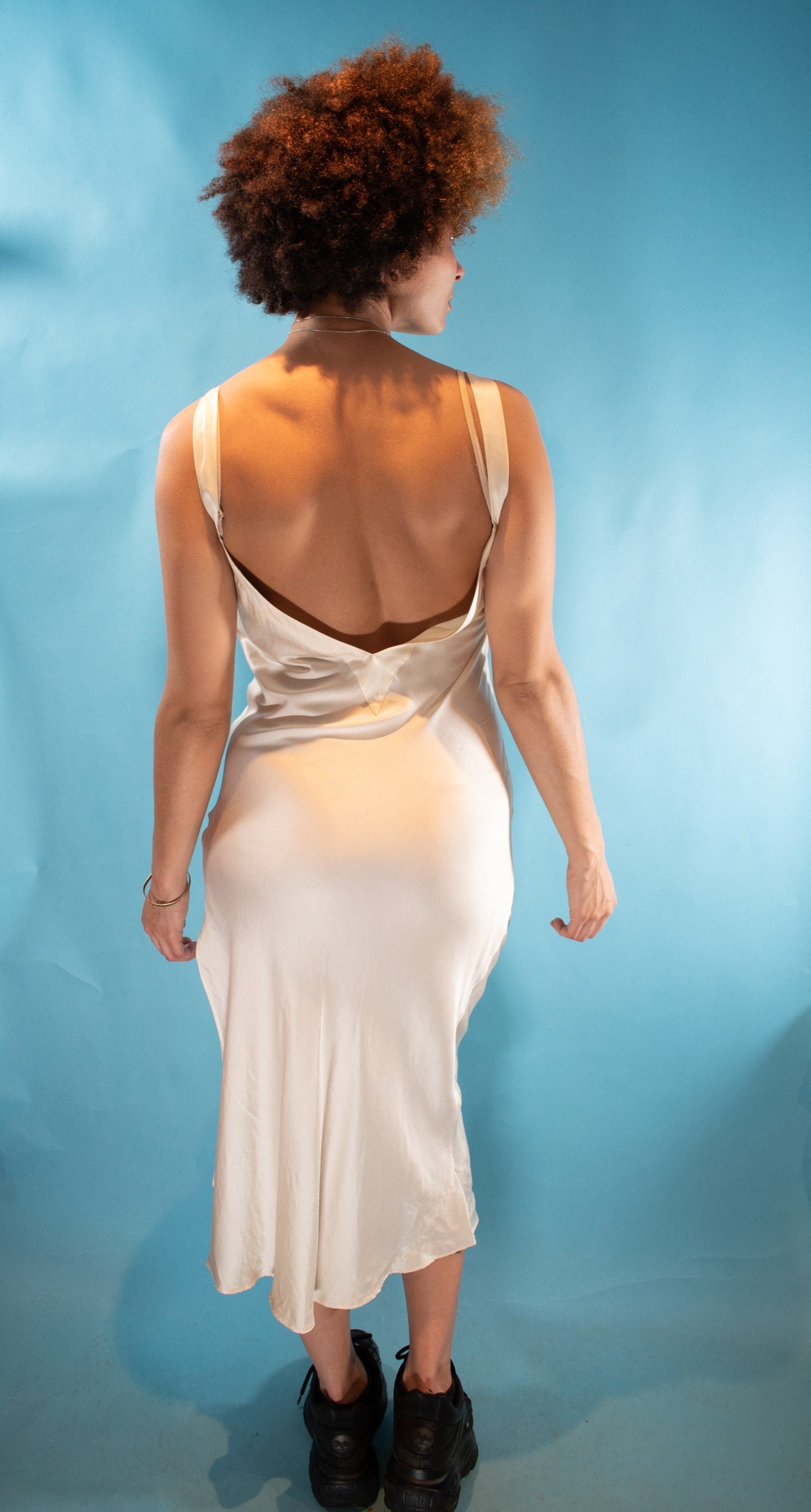 Vintage 1990s M V Neck Backless Silk Slip Dress in Ivory.