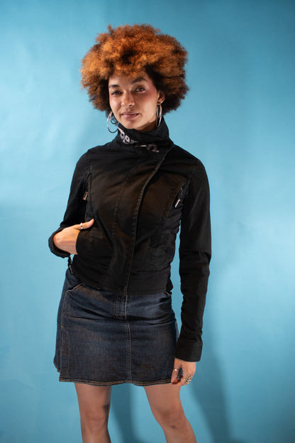 Vintage Y2K S Bench Asymmetric Zip Up Denim Biker Jacket in Black.