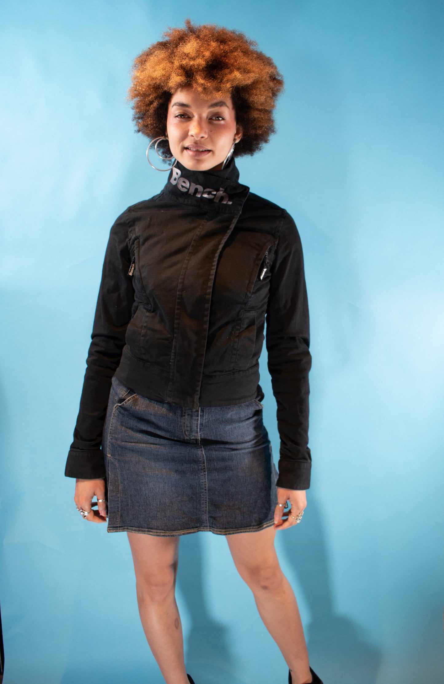 Vintage Y2K S Bench Asymmetric Zip Up Denim Biker Jacket in Black.