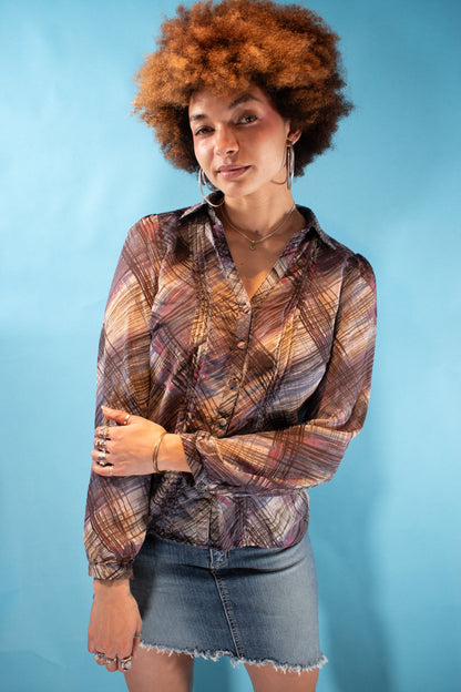 Vintage Y2K M Striped Checked Shirt in Purple.