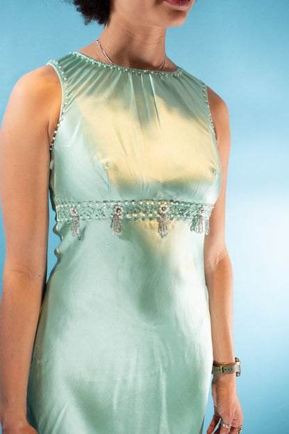 Vintage Size S/M 1960s Style Satin Empire Midi Dress in Turquoise.