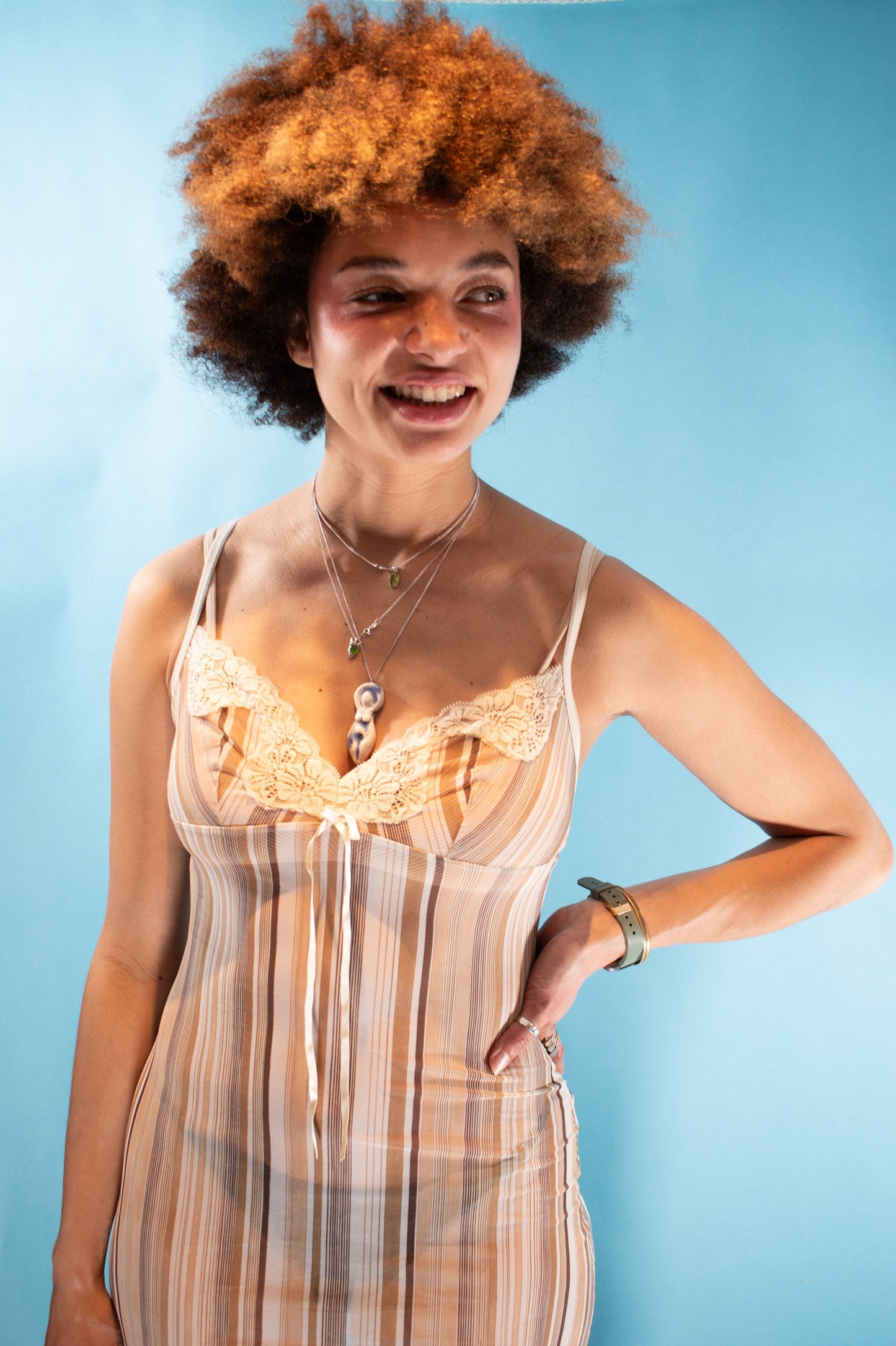 Vintage Y2K Size M Sheer Striped Lingerie Camisole Dress in Brown.