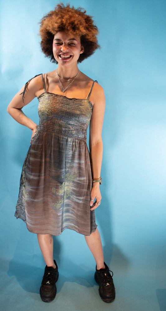Vintage Y2K Size M/L Abstract Print Shirred Midi Dress in Blue & Brown.