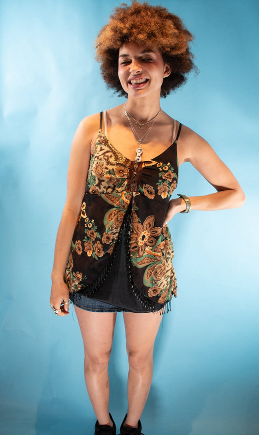 Vintage Y2K Size M Paisley Printed Beaded Cami Top in Black and Multi.