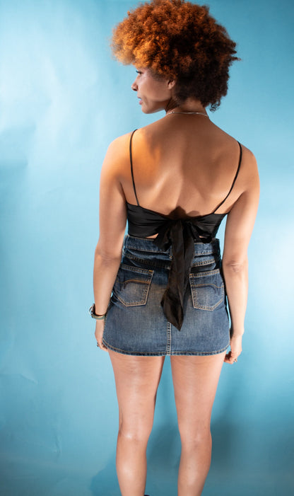 Vintage Y2K One Size High Neck Wrap Crop Top in Black.