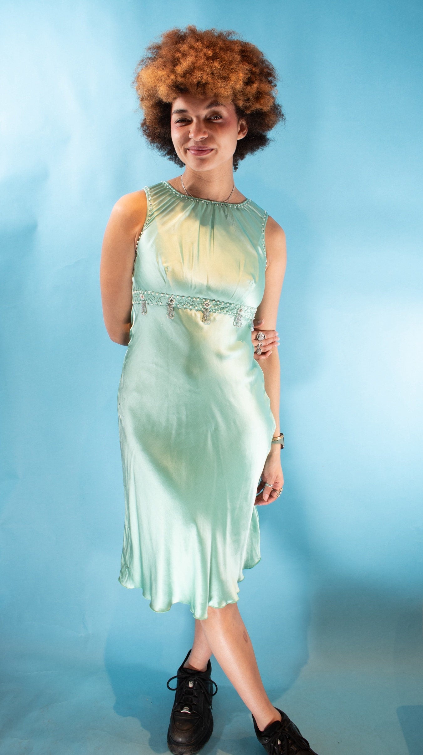 Vintage Size S/M 1960s Style Satin Empire Midi Dress in Turquoise.