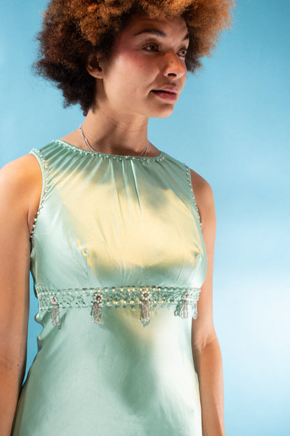 Vintage Size S/M 1960s Style Satin Empire Midi Dress in Turquoise.