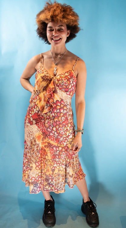 Vintage Y2K Size M/L Fluted Midi Dress in Red & Yellow Peacock Print.