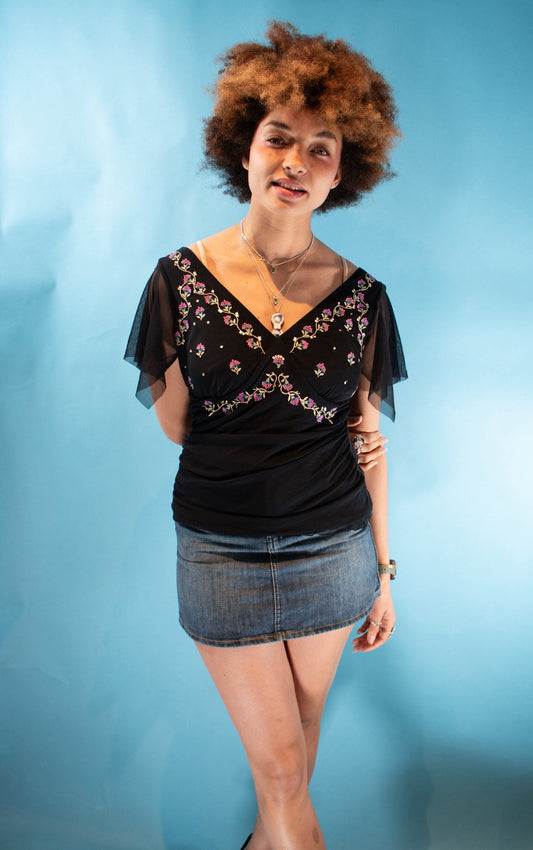 Vintage Y2K Size L Floral Embroidered V Neck Blouse in Black.