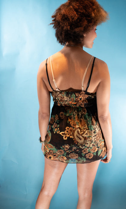 Vintage Y2K Size M Paisley Printed Beaded Cami Top in Black and Multi.