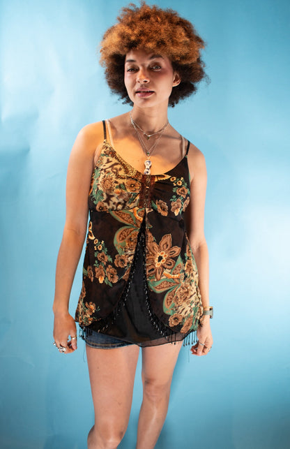Vintage Y2K Size M Paisley Printed Beaded Cami Top in Black and Multi.