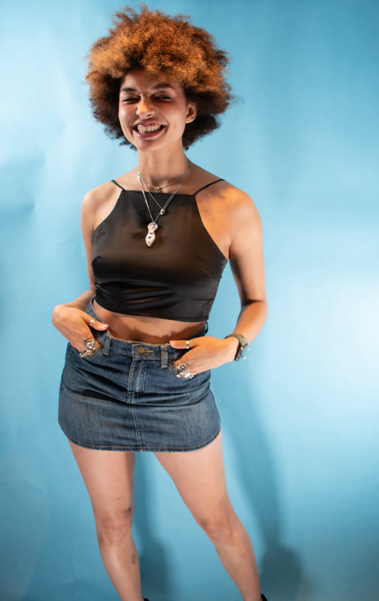 Vintage Y2K One Size High Neck Wrap Crop Top in Black.